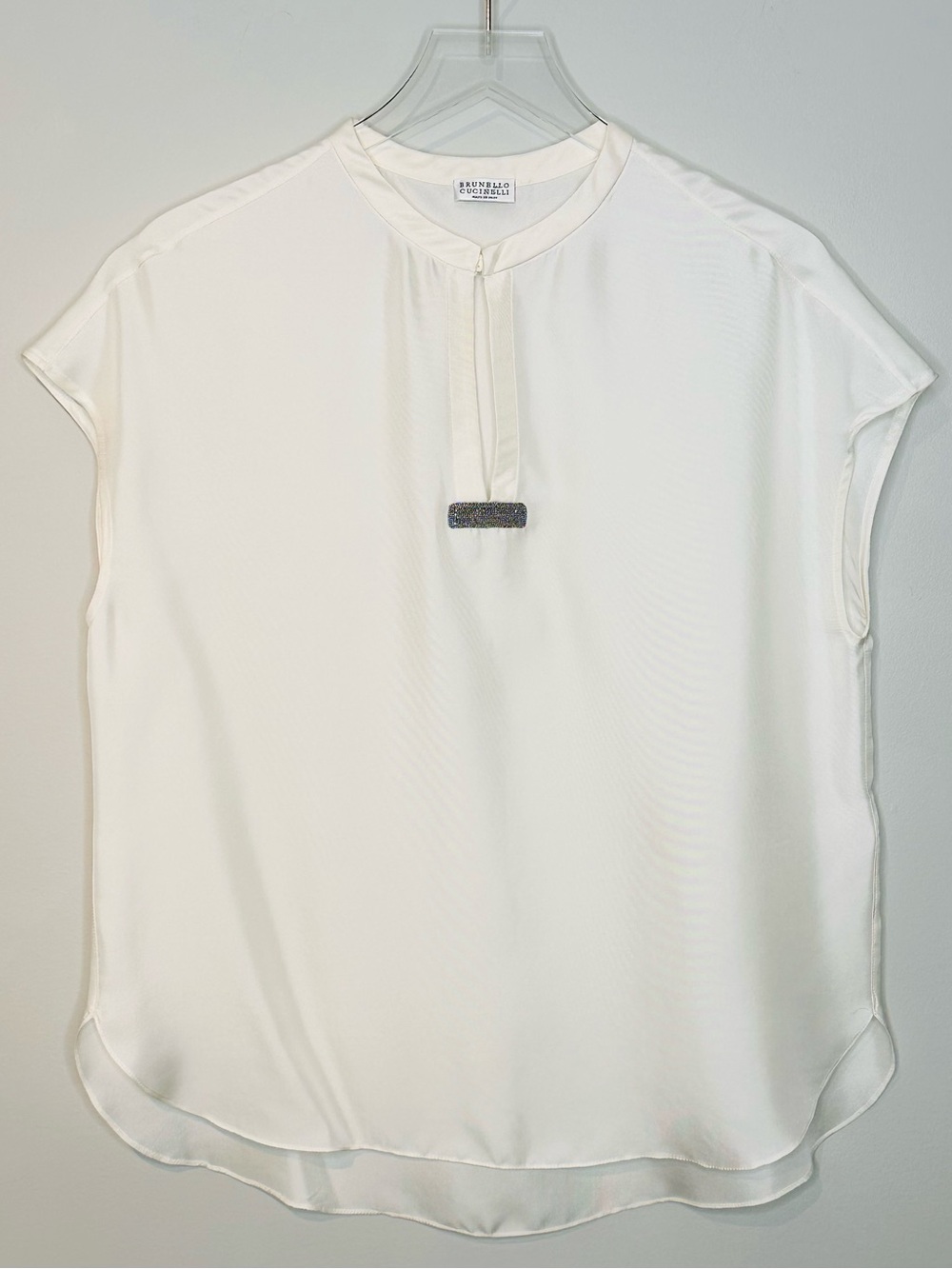 Brunello Cucinelli Ivory White Silk Rhinestone Bar Cap Sleeve Blouse Shirt Top